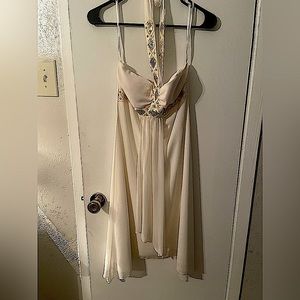 Flowy cream goddess halter dress w gold sequin detail